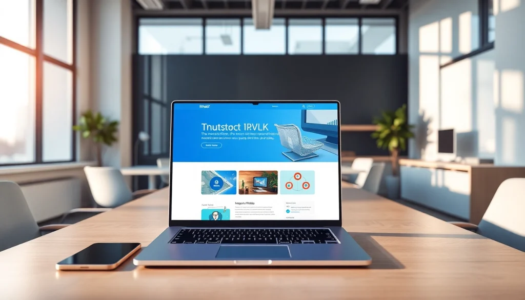 在干净的现代办公室里，一台笔记本电脑屏幕显示快连官网，展现专业且创新的工作环境。