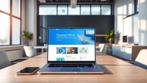 在干净的现代办公室里，一台笔记本电脑屏幕显示快连官网，展现专业且创新的工作环境。