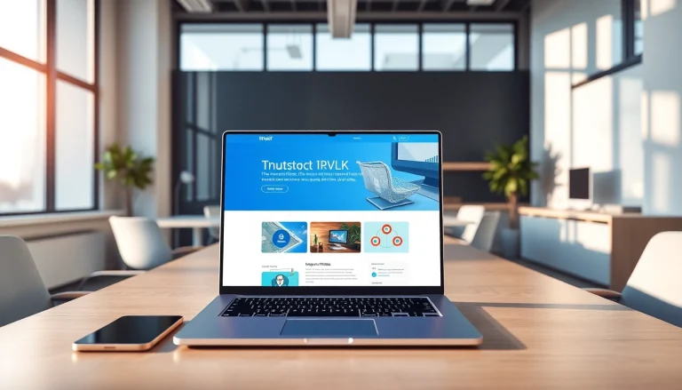 在干净的现代办公室里，一台笔记本电脑屏幕显示快连官网，展现专业且创新的工作环境。