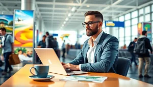 Applying for an eta application uk in a modern airport setting with a laptop and travel documents.