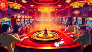 Gamblers engaging in high-stakes play at an upscale casino featuring 88ii elements, vibrant roulette and slot machines.