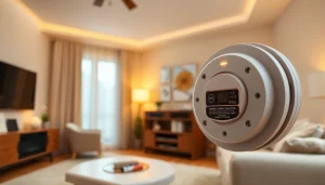 Install smoke detector battery in modern home setting with LED indicator light.