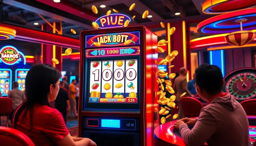 Pemain menikmati momen mendebarkan di mesin slot Depo 1K, merayakan kemenangan jackpot besar.