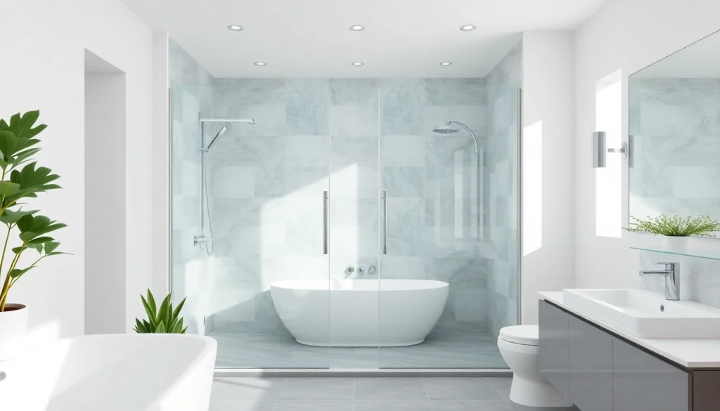 View of sleek sunney shower doors in a modern, elegant bathroom setting.