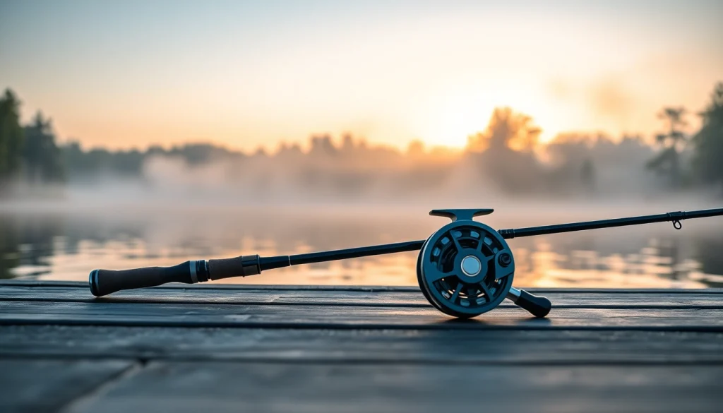 Showcasing a fly fishing combo with a tranquil lake backdrop, inviting anglers to start their adventure.