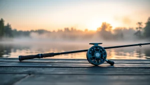 Showcasing a fly fishing combo with a tranquil lake backdrop, inviting anglers to start their adventure.