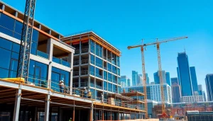 Austin construction site bustling with activity, bright and clear, showcasing modern development.