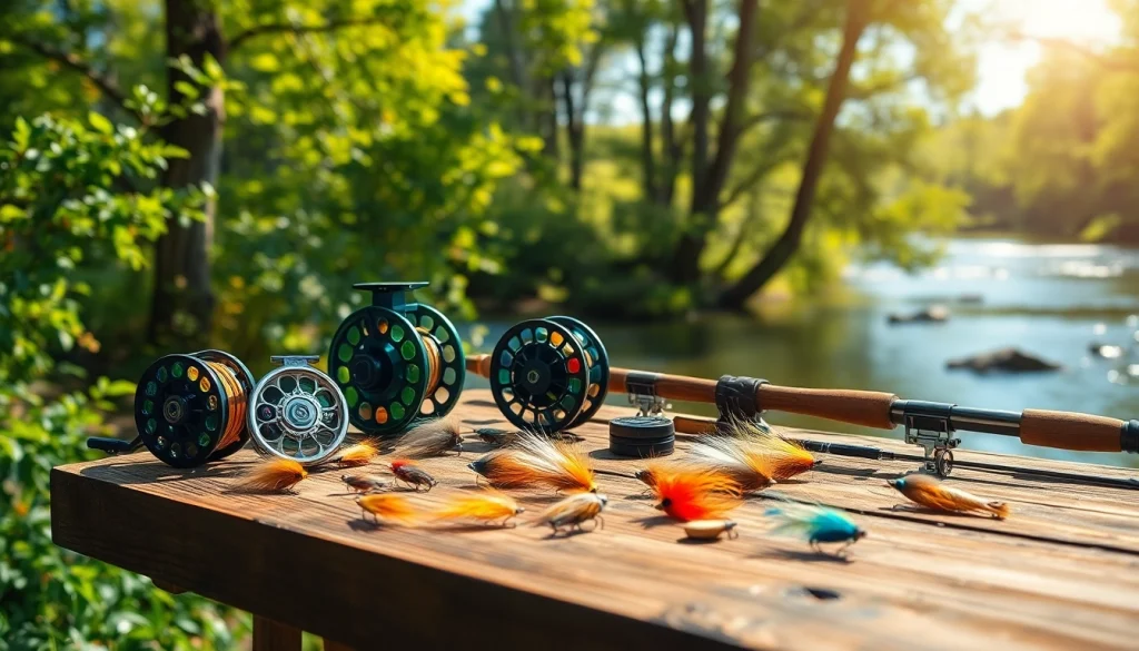 Showcase fly fishing accessories including rods and reels on a wooden table in a natural setting.