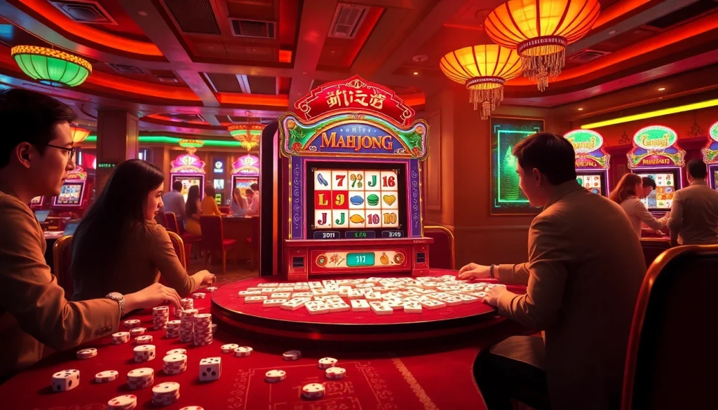 Players enjoying an exciting slot demo Mahjong experience in a vibrant casino atmosphere.