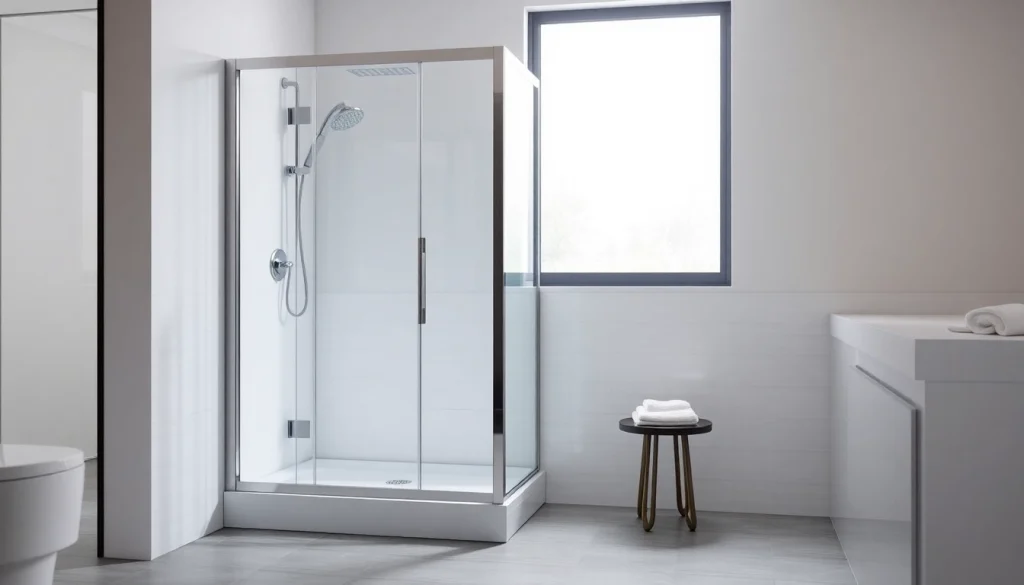 Duschkabine 90x90 komplett in einem modernen Badezimmer, elegantes Design und klare Linien.