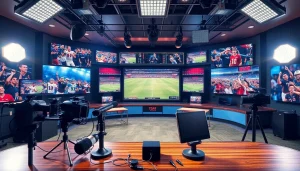 Dynamic sports broadcasting studio featuring high-tech equipment and vibrant memorabilia.