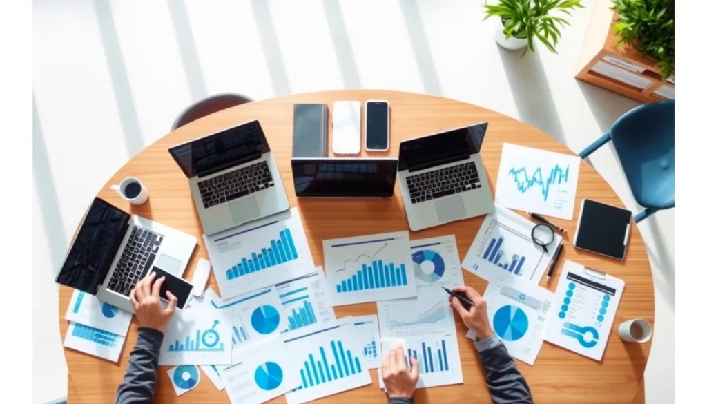 Analyze competitor pricing using charts and data visualizations in a modern office.