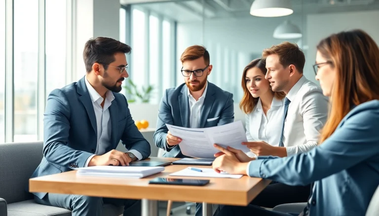 Expert led warranty company professionals discussing policies and solutions in a modern office.