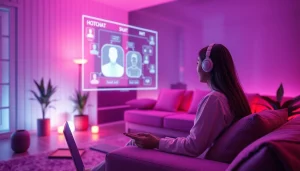 Engaging ai sex chat experience in a cozy digital setting with AI chatbot holograph.