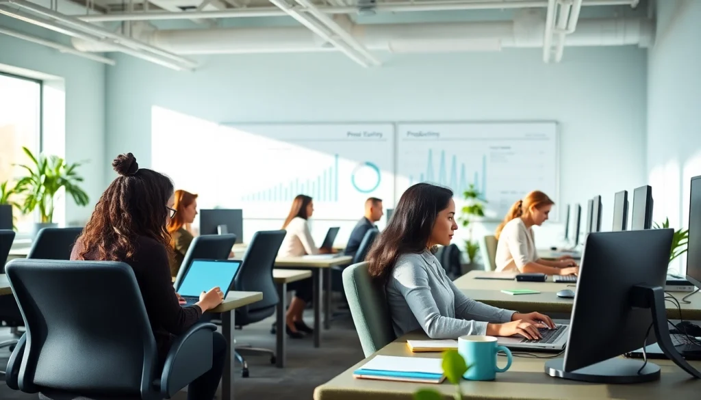 Typing center featuring diverse professionals engaging with modern technology in a well-lit office.