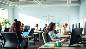 Typing center featuring diverse professionals engaging with modern technology in a well-lit office.