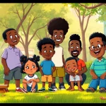 A lively park scene showcasing children interacting with characters from African American Cartoons, celebrating cultural diversity.