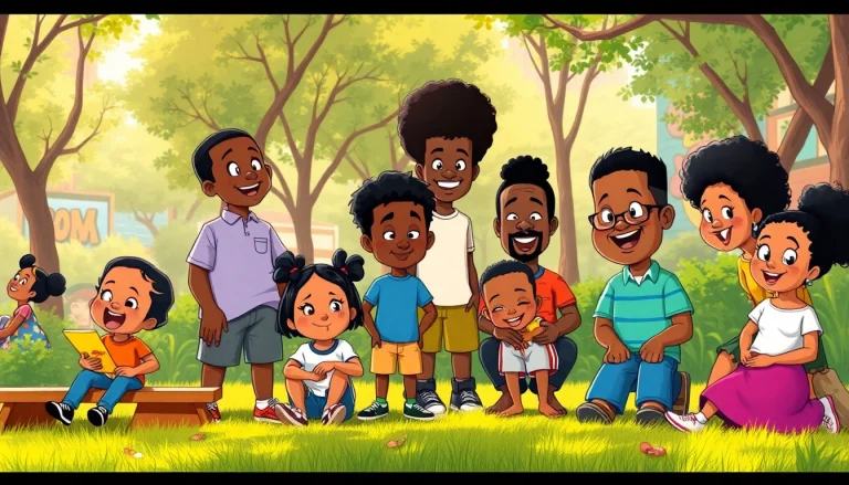 A lively park scene showcasing children interacting with characters from African American Cartoons, celebrating cultural diversity.