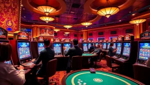 Players enjoying the Pen4D alternatif slot game in an upscale casino, celebrating wins and spinning reels.