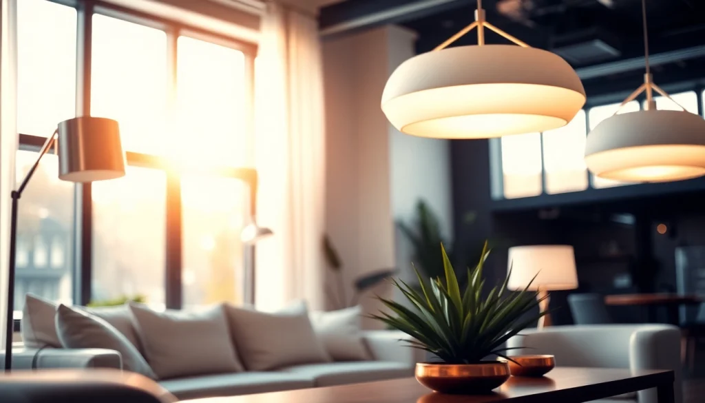 Shop ModernLighting with chic pendant lights and floor lamps illuminating a stylish living area.