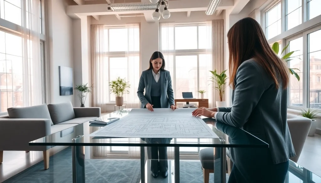 Offering architectural consultation Boston in a modern office setting with blueprints and natural light.