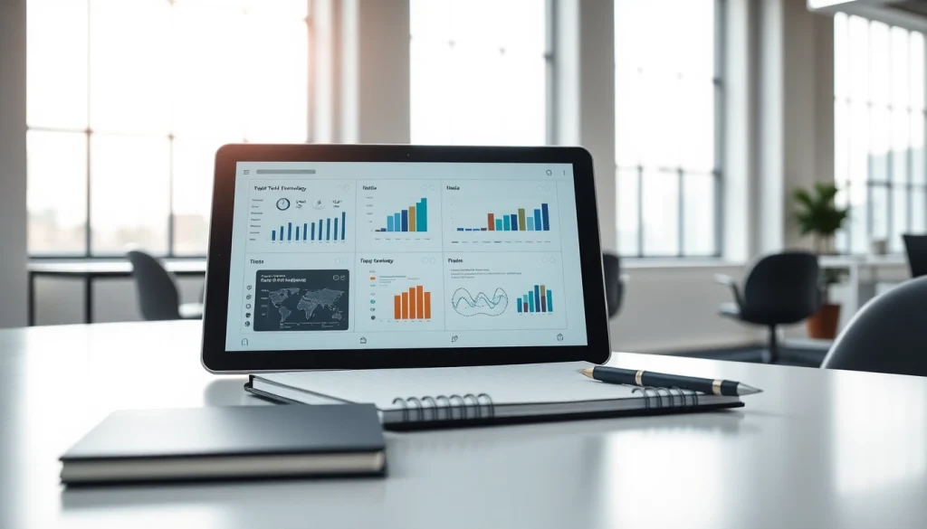 Poradnik technologiczny na nowoczesnym tablecie w biurze z minimalistycznym designem.