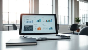 Poradnik technologiczny na nowoczesnym tablecie w biurze z minimalistycznym designem.