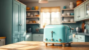 Enhance your kitchen with a classic retro appliance, a vintage turquoise toaster shining on a wooden countertop.