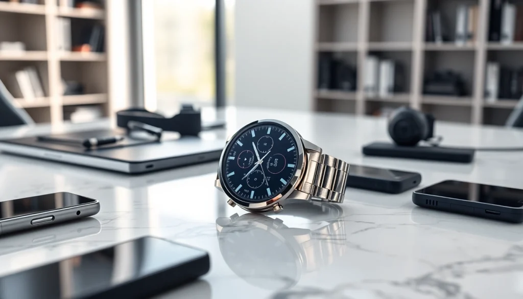 Finesse Smart Watch displayed on a stylish desk with an elegant metallic finish.