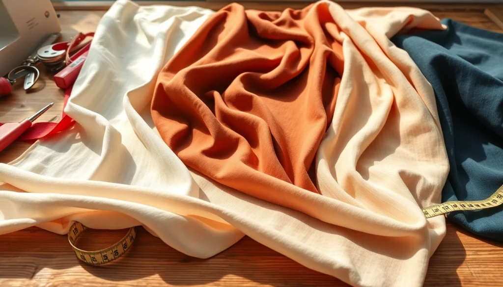 Stof voor blouse met diverse texturen en kleuren op een houten tafel.