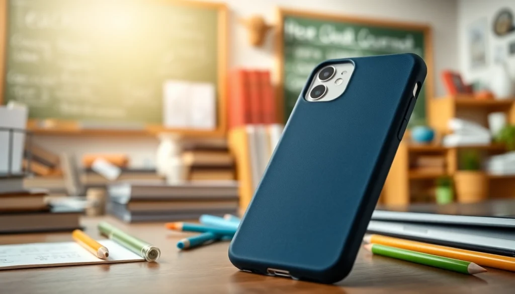 Handytasche Lehrer auf dem Tisch eines Klassenzimmers mit Schulmaterialien