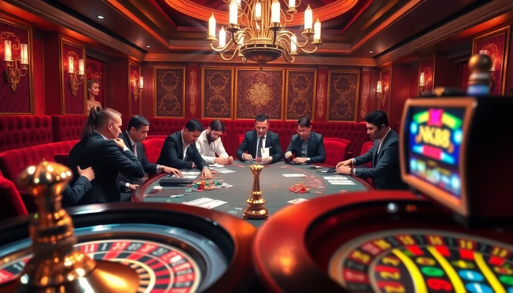 Experience the excitement of NK88 at a luxurious poker table surrounded by eager players.