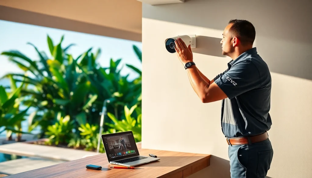 Cámaras Ezviz instalándose por un técnico en una casa costera moderna, mostrando soluciones de seguridad en Guanacaste, Costa Rica.