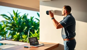 Cámaras Ezviz instalándose por un técnico en una casa costera moderna, mostrando soluciones de seguridad en Guanacaste, Costa Rica.