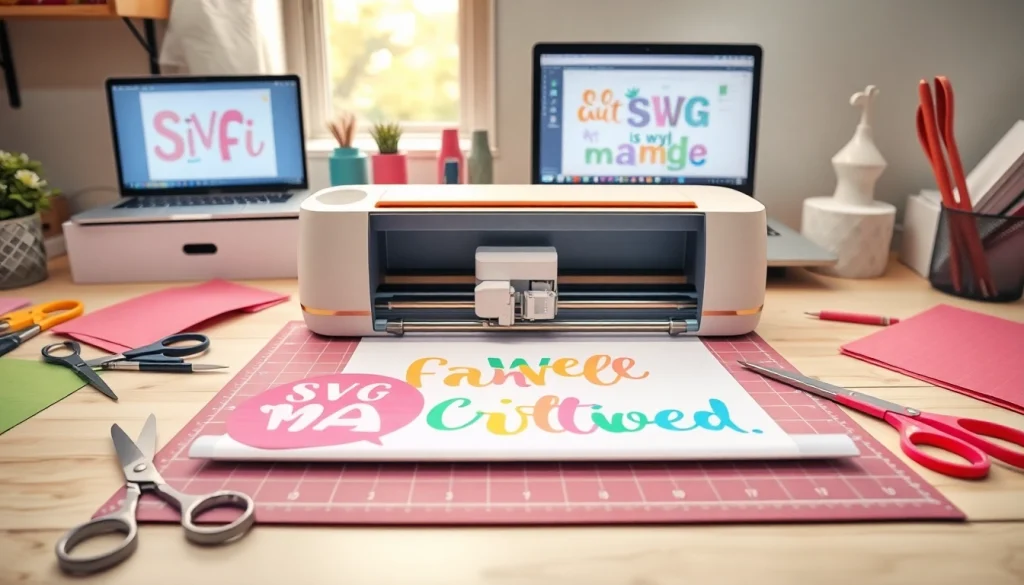 Cricut SVG designs in a vibrant crafting workspace with a Cricut machine.