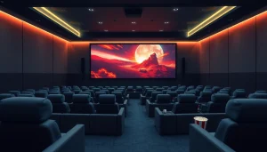 ดูหนัง ในโรงภาพยนตร์ที่มีที่นั่งนุ่มนวลและจอใหญ่เต็มไปด้วยฉากจากภาพยนตร์