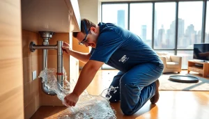 24 hour plumber nyc fixing a burst pipe in a modern NYC kitchen, emphasizing urgency and professionalism.