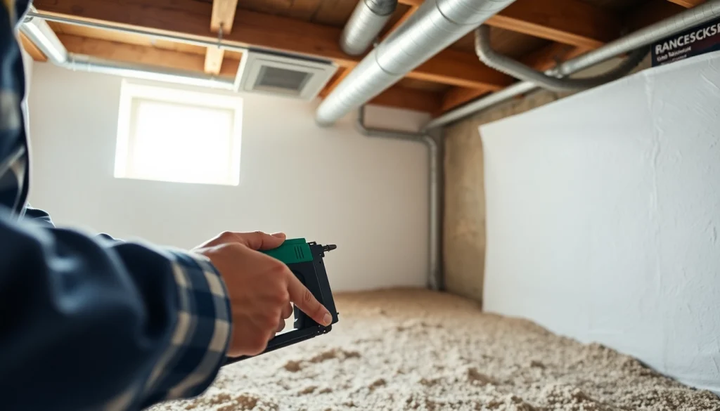 Vapor Barrier Installation process with hands securing vapor barrier in a bright crawl space.