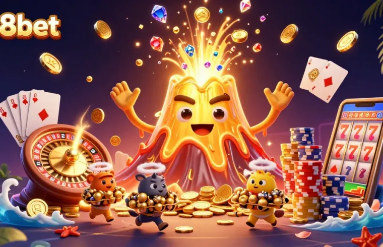 rr88bet showcases a majestic golden volcano erupting coins and gems, creating a vibrant casino atmosphere.